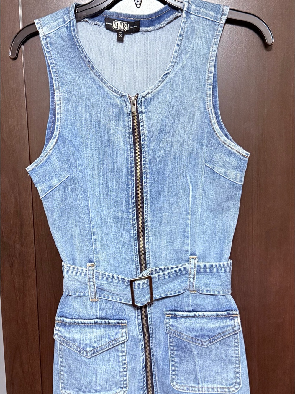 Rewash Light Blue Denim Zip-Front Belted Mini Dress